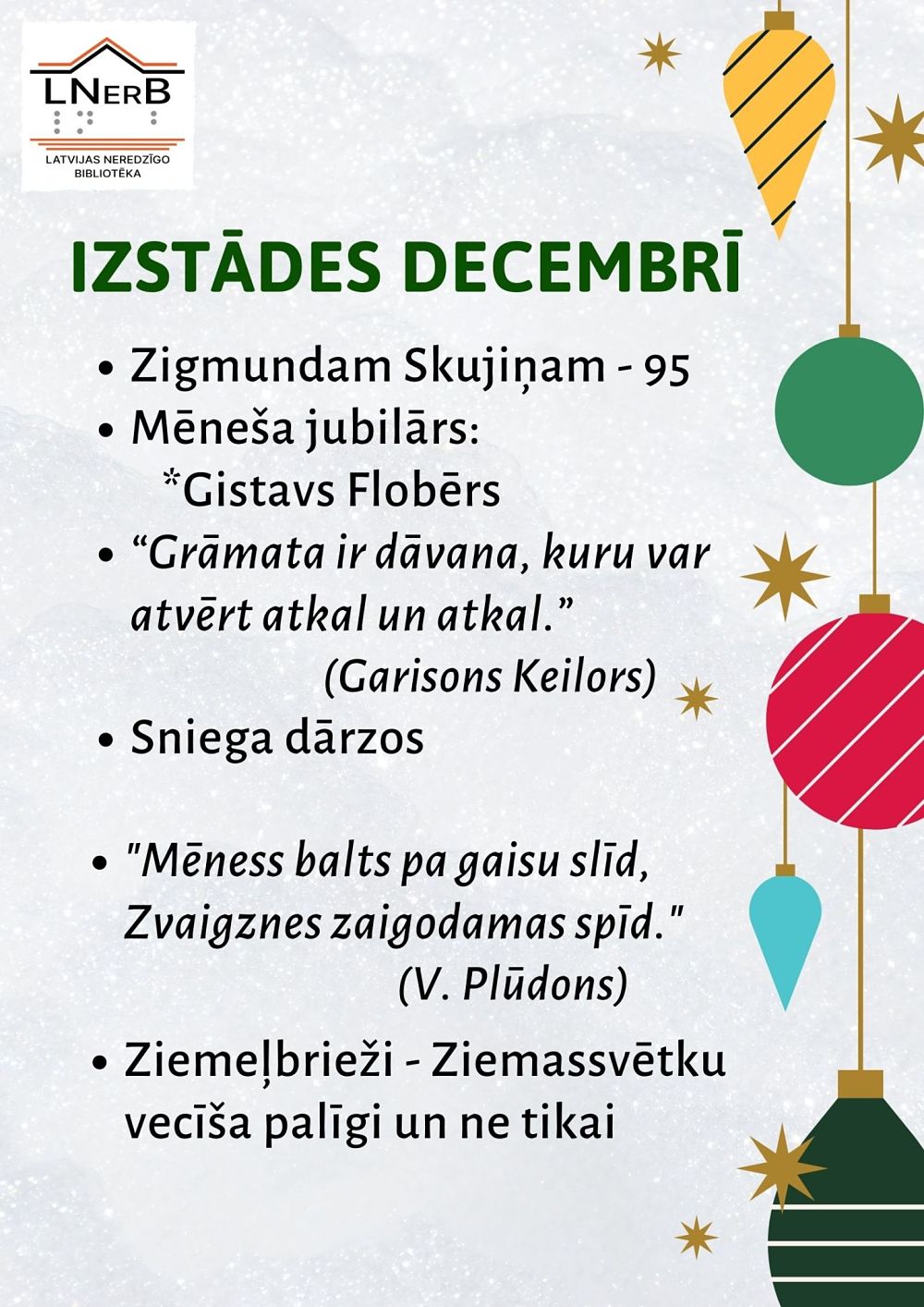 Plakāts "Izstādes bibliotēkā Rīgā decembrī 2021"