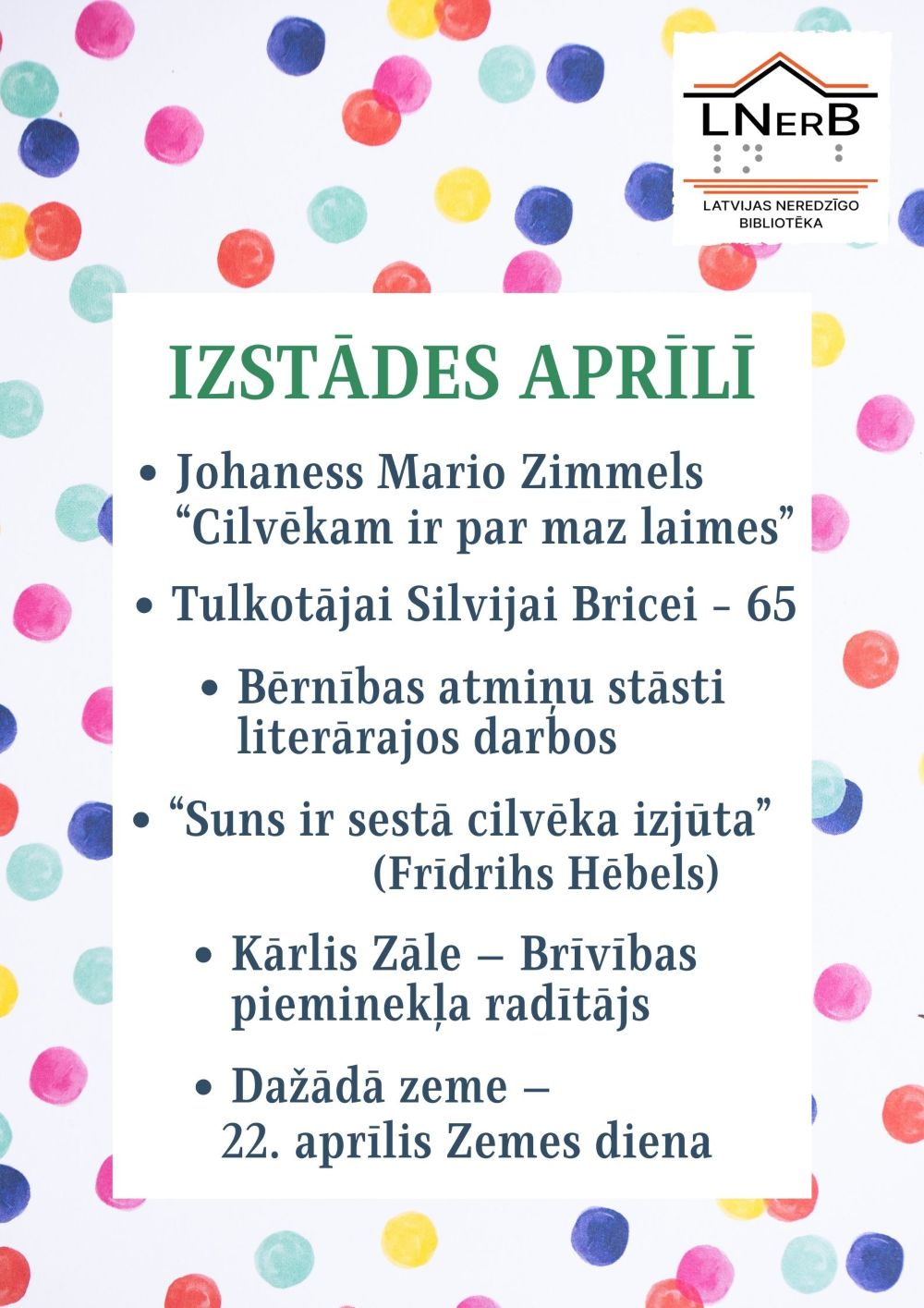 Plakāts "Izstādes aprīlī bibliotēkā Rīgā"